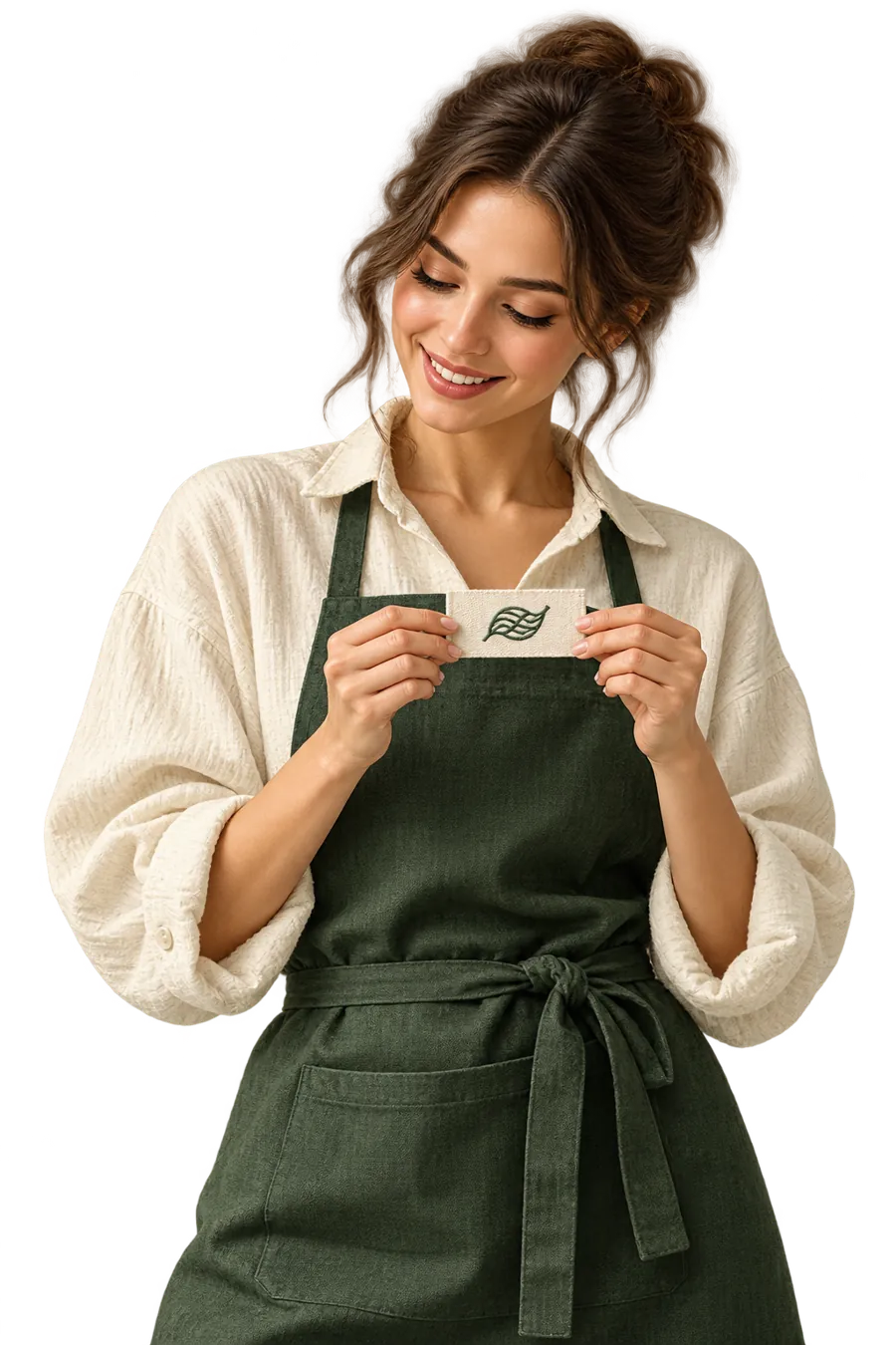 Illustration of a designer holding a woven clothing label
